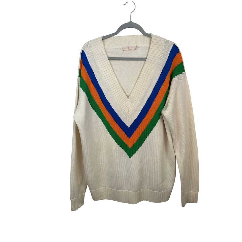 Tory Burch Sweater Womens XL Ivory Multi Very Good Chevron Wool V-Neck 55289